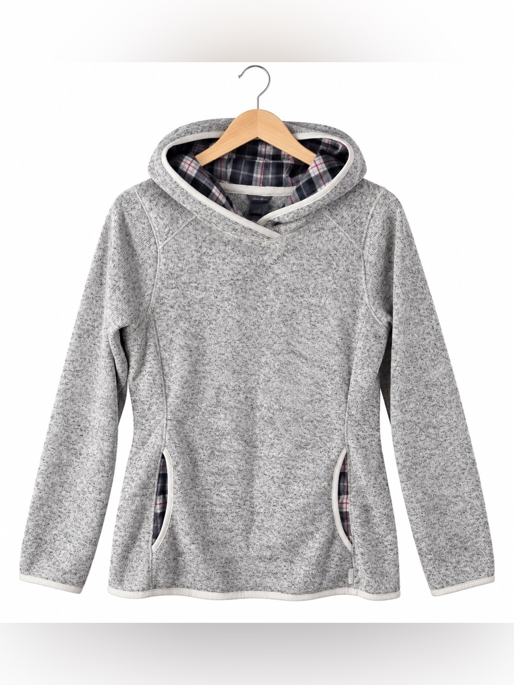 Eddie Bauer Gray Heather Hooded Sweater Small Plaid Trim Pullover Cozy Casual